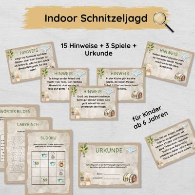 Indoor Schnitzeljagd für Kinder mit 15 Hinweisen, Urkunde & Spielen zum Ausdrucken