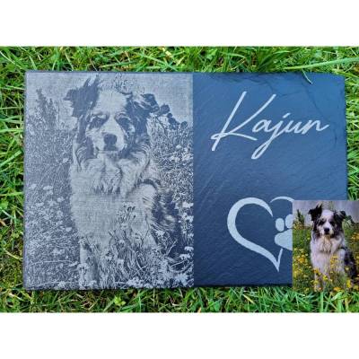 Tiergrabstein & Gedenktafel Schiefer 30x20cm – personalisierte Gravur, wetterfest, Fotogravur möglich