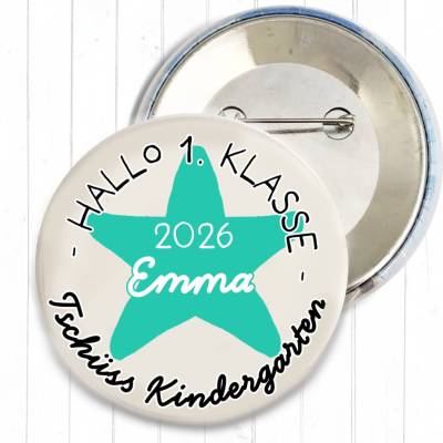 Personalisierter Button Tschüss Kindergarten 2026 | Wunschname & Stern | 9 Farben | 38/59mm 