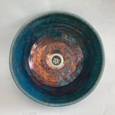 Waschbecken / Raku / Türkis-Kupfer / Antik  Ø 33 cm Höhe 13 cm