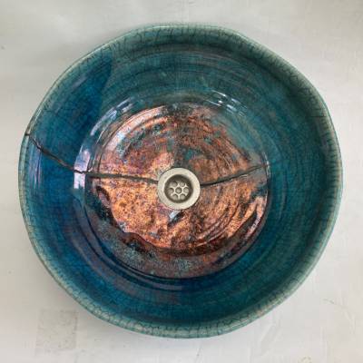 restauriertes Waschbecken / Raku / Türkis-Kupfer / Antik  Ø 38 cm Höhe 13 cm