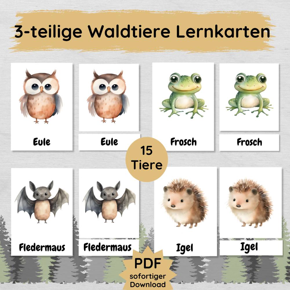 15 Lernkarten mit Tieren des Waldes zum Ausdrucken, dreiteilige