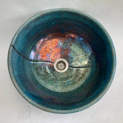 restauriertes Waschbecken / Raku / Türkis-Kupfer / Antik  Ø 36,5 cm Höhe 15 cm