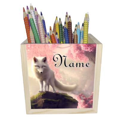 Fuchs Holz Stiftebox personalisiert z. B. mit Name und Schriftartwahl | 10x10x10cm | Stiftehalter