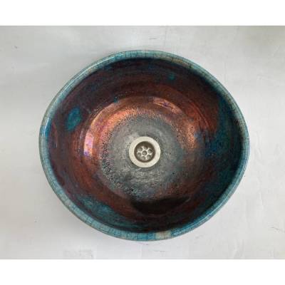 2. Wahl Waschbecken / Raku / Türkis-Kupfer / Antik  Ø 32/30 cm Höhe 14 cm