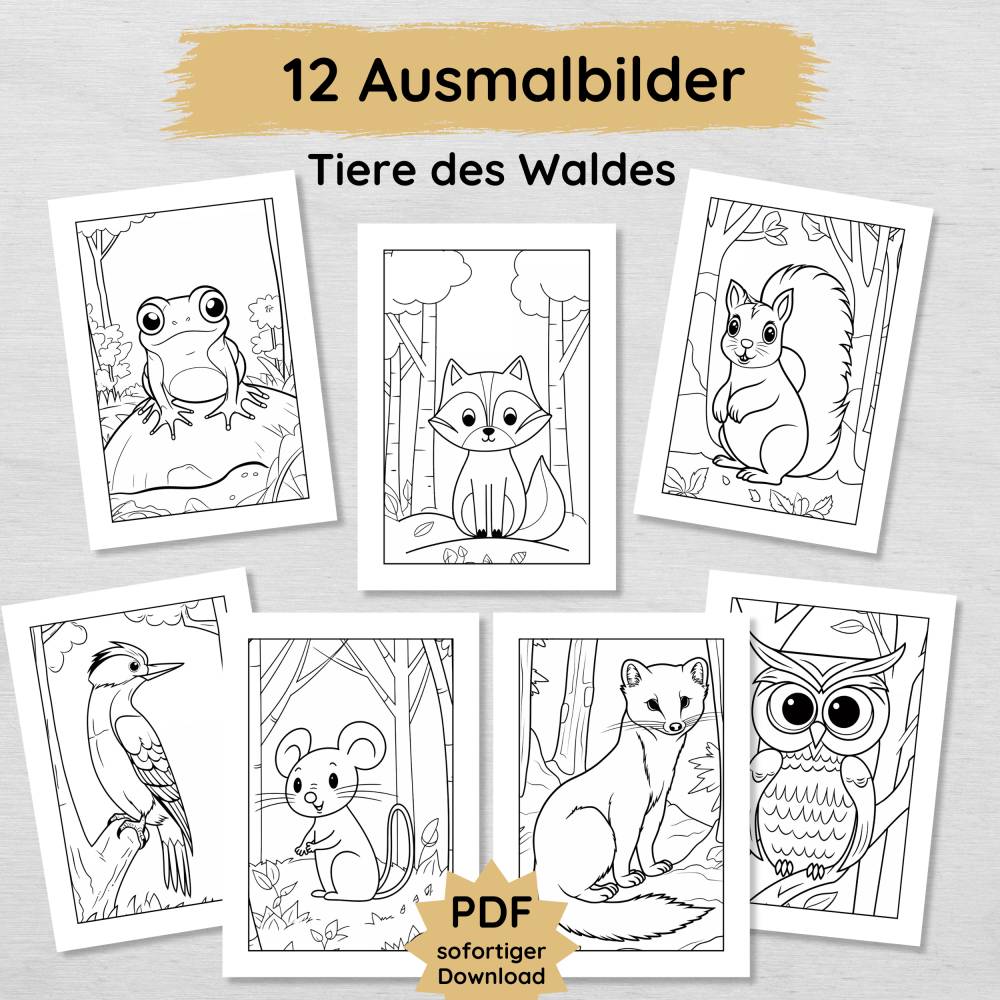 12 Waldtiere Ausmalbilder für Kinder, Tiere im Wald, Malvorlagen zum