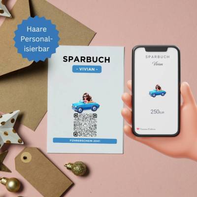 Personalisiertes Geldgeschenk | Führerschein Zuschuss | Digitales Sparbuch | Geschenkkarte | Auto Mädchen Blau