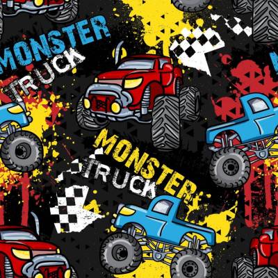 Rest 1,02m Monstertruck Baumwollstoff – weiß senfgelb rot petrol auf schwarz, 140cm breit, Öko-Tex