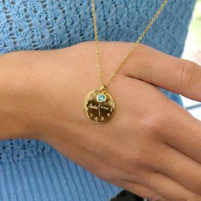 Geburtszeit Halskette Namenskette - Geschenk zur Geburt - Geburtsstein Anhänger - Edelstahl - Silber oder Gold