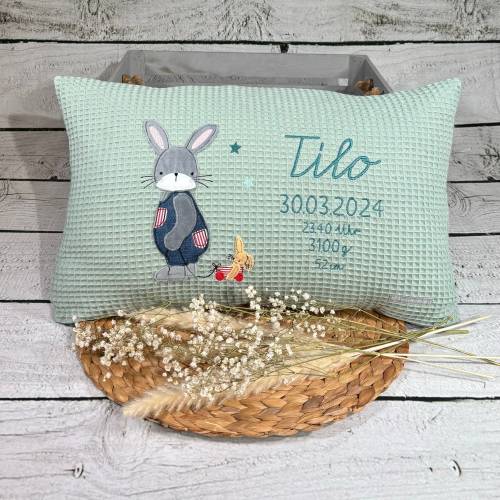 Namenskissen Junge Hase Benny Kissenbezug Kinderkissen Kuschelkissen 30 x 50 cm Waffelpique personalisiert