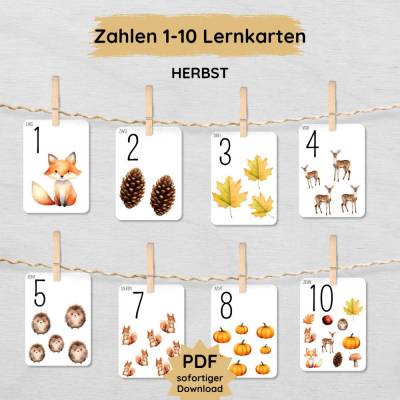 Herbst Zahlen 1 bis 10 Lernkarten für Kinder zum Ausdrucken