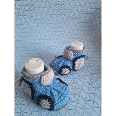 Babyschuhe gehäkelt Traktor Junge Mädchen  blau  weiss