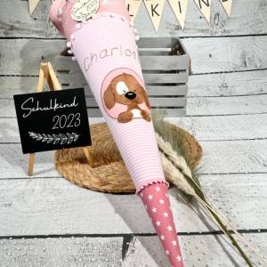 Mädchen Schultüte mit flauschigem Hund Fridolin aus Stoff 70 cm
