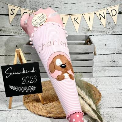 Mädchen Schultüte mit flauschigem Hund Fridolin aus Stoff 70 cm