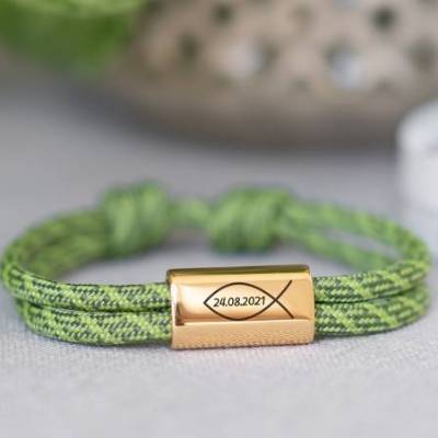 Armband graviert mit Ichthys Fisch & Datum – Personalisiertes Geschenk zur Kommunion, Firmung & Konfirmation