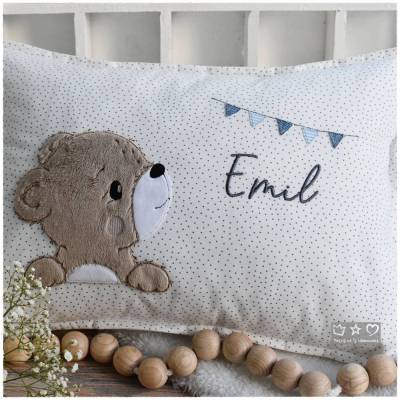 Namens-/Kuschelkissen 30cmx40cm weiß/blau gepunktet mit Bär, personalisierbar
