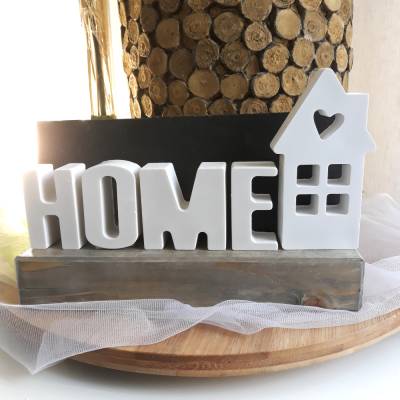Buchstaben Schriftzug Home | Geschenk zum Einzug | Betondeko Zuhause für Familie u. Freunde | Holzsockel Vintage-Style 
