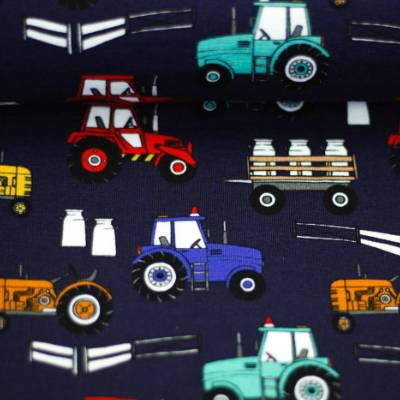 Theo Jersey Baumwolle Traktor Trecker bunt/dunkelblau Oeko-Tex Standard 100(1m/15,-€)