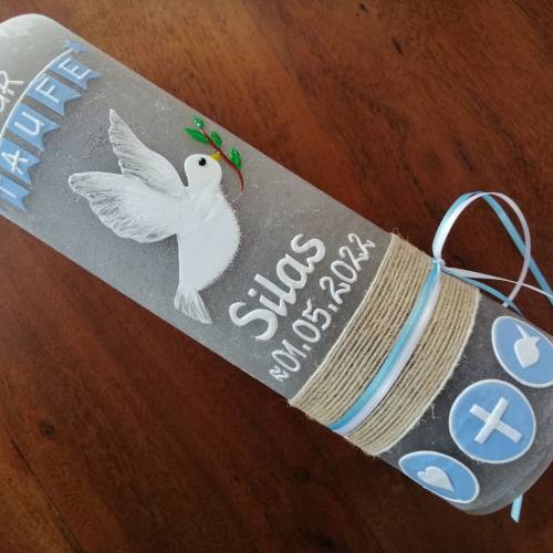 RUSTICA, VINTAGE-Look, SHABBY, Rustikal, Taufkerze, Friedenstaube, Taube, Mädchen, Junge, hellblau, Wachsbeschriftung, F