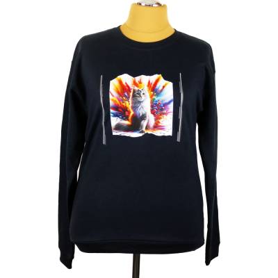 Pullover mit Katzenmotiv weiß Größe M Navy Unikat Unisex Sweatshirt