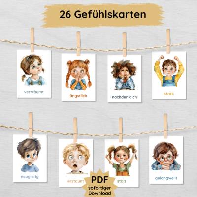 26 Gefühlskarten für Kinder zum Ausdrucken, Bildkarten zum Emotionen lernen