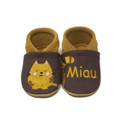 Krabbelschuhe mit Namen, Katze, Lederpuschen personalisiert, Echtleder, Kindergartenschuhe personalisier