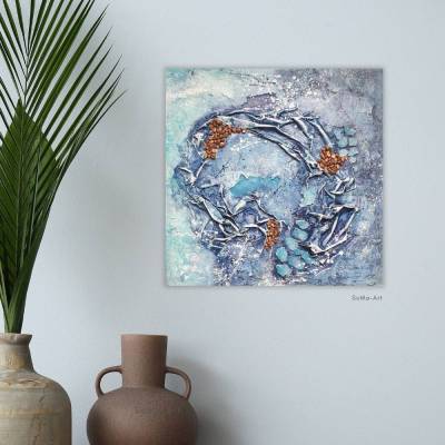 Einzigartiges abstraktes Kunstwerk in Blau und Bronze - Handgemaltes Mixed-Media-Gemälde für moderne Wohnraum