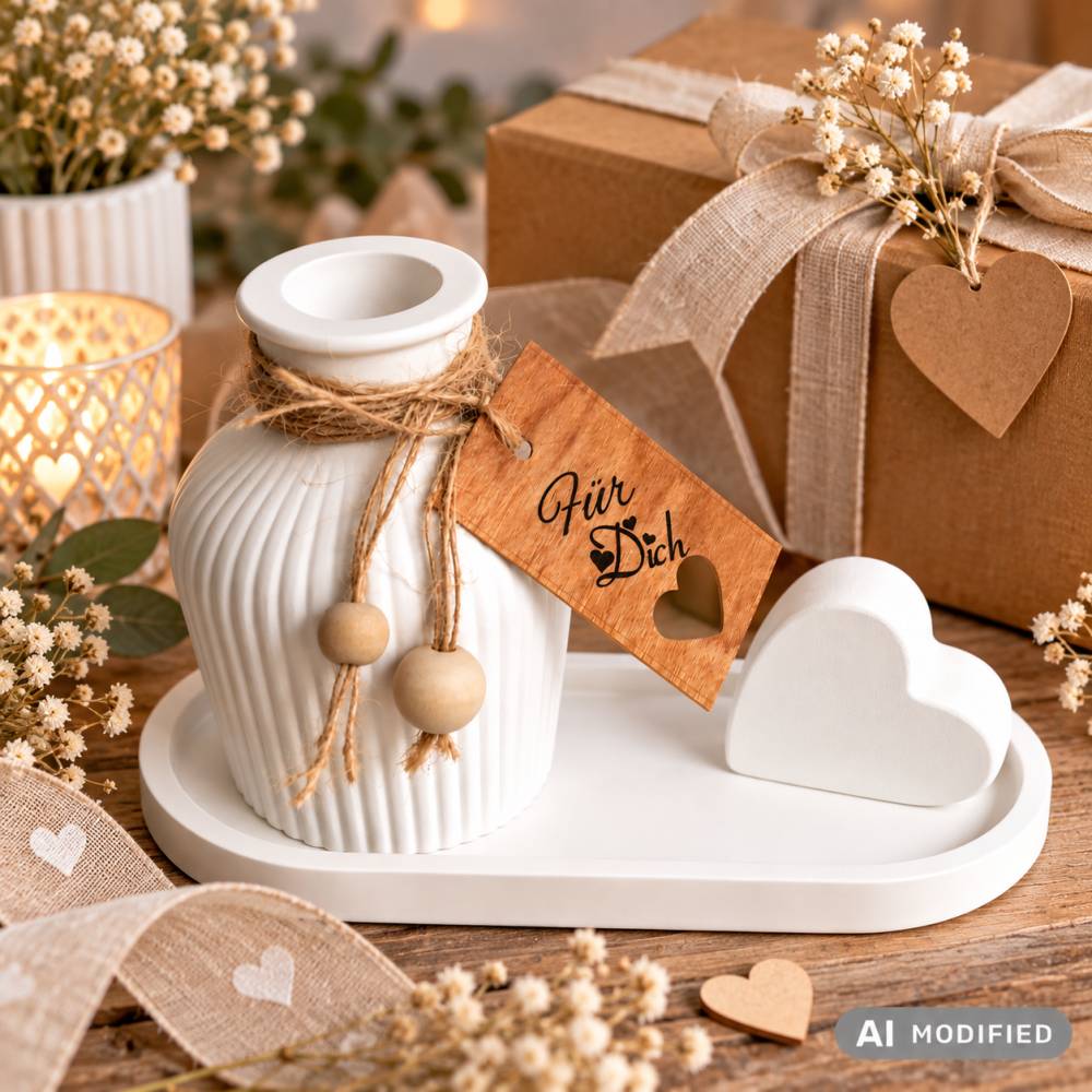 Vase Herz Tablett im Set Wohn-Deko weiß Geschenk Weihnachten Beste Freundin Muttertag Tischdeko