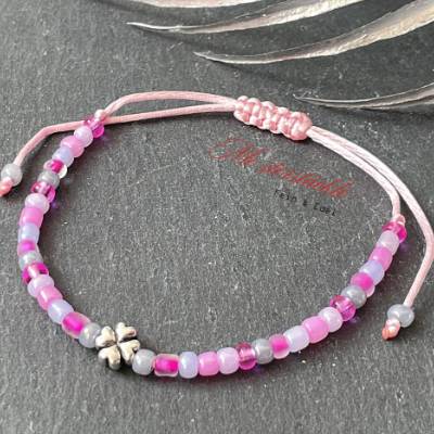 Perlenarmband rosa Kleeblatt verstellbar handgefädelt Geschenkidee