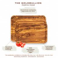 Servierbrett rechteckig abgerundet mit Rille The Goldbullion Länge wählbar 33/35/40 cm Schneidebrett aus Olivenholz
