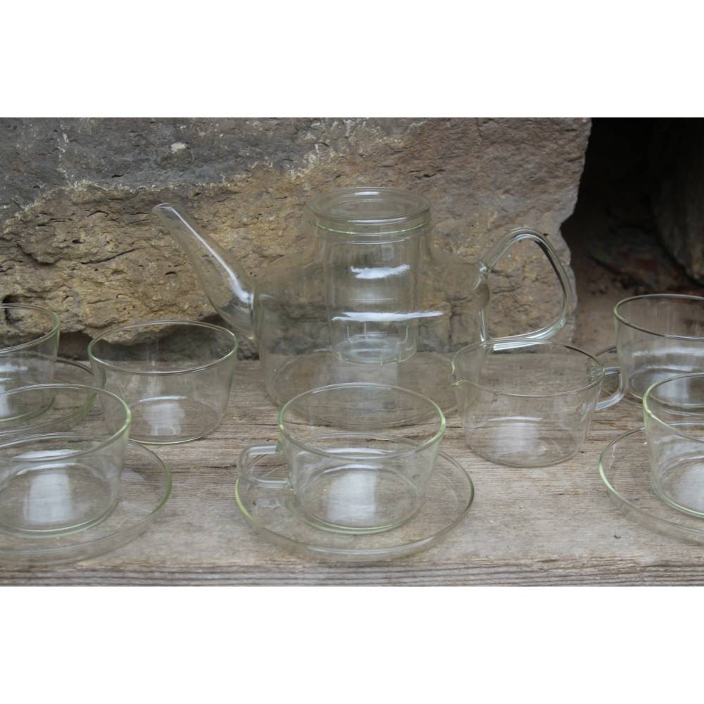 15 tlg. Teeservice / Design Hans Merz / Teekanne 1 Liter 6 Tassen mit Untertassen / Jenaer Glas Saaleglas 70er Jahre DDR