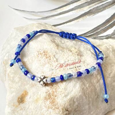 Perlenarmband blau Kleeblatt verstellbar handgefädelt Paararmband