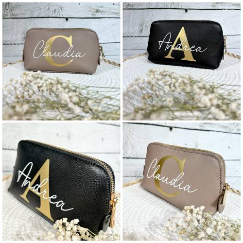 Personalisierte Kosmetiktasche mit Initialen und Name veganes Leder Kosmetikbeutel Kulturtasche Schminktasche Braut