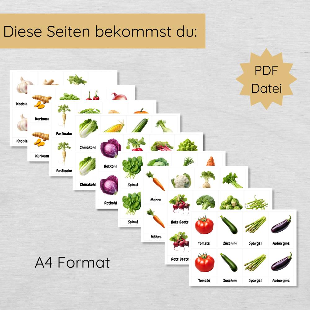 35 Gemüse Lernkarten für Kinder, dreiteilige Foto Bildkarten Gemüsesorten zum Lernen und Lesen üben Bild 2