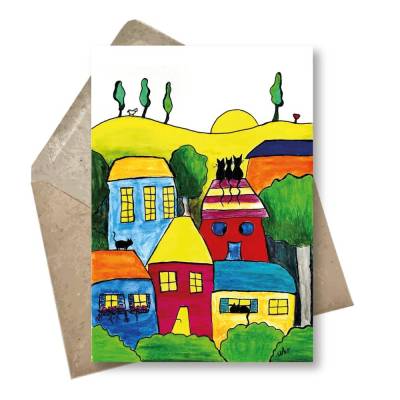 Postkarte Katzen-Dorf, lustige Glückwunsch-Karte für Katzen-Menschen, DIN A6 Kunst im Kuvert,