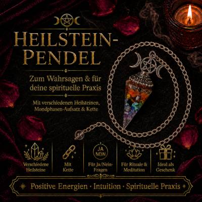 Kristall-Pendel zum Wahrsagen | Vielfalt Heilsteine, 29,5 cm, Mondphasen-Aufsatz, Schutzsymbol, Geschenkidee, Dekoration