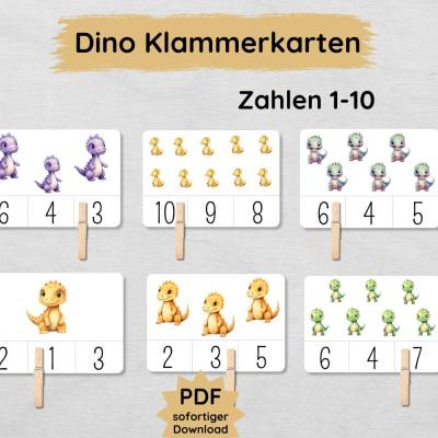 Dino Klammerkarten Zahlen lernen bis 10 für Kinder zum Ausdrucken