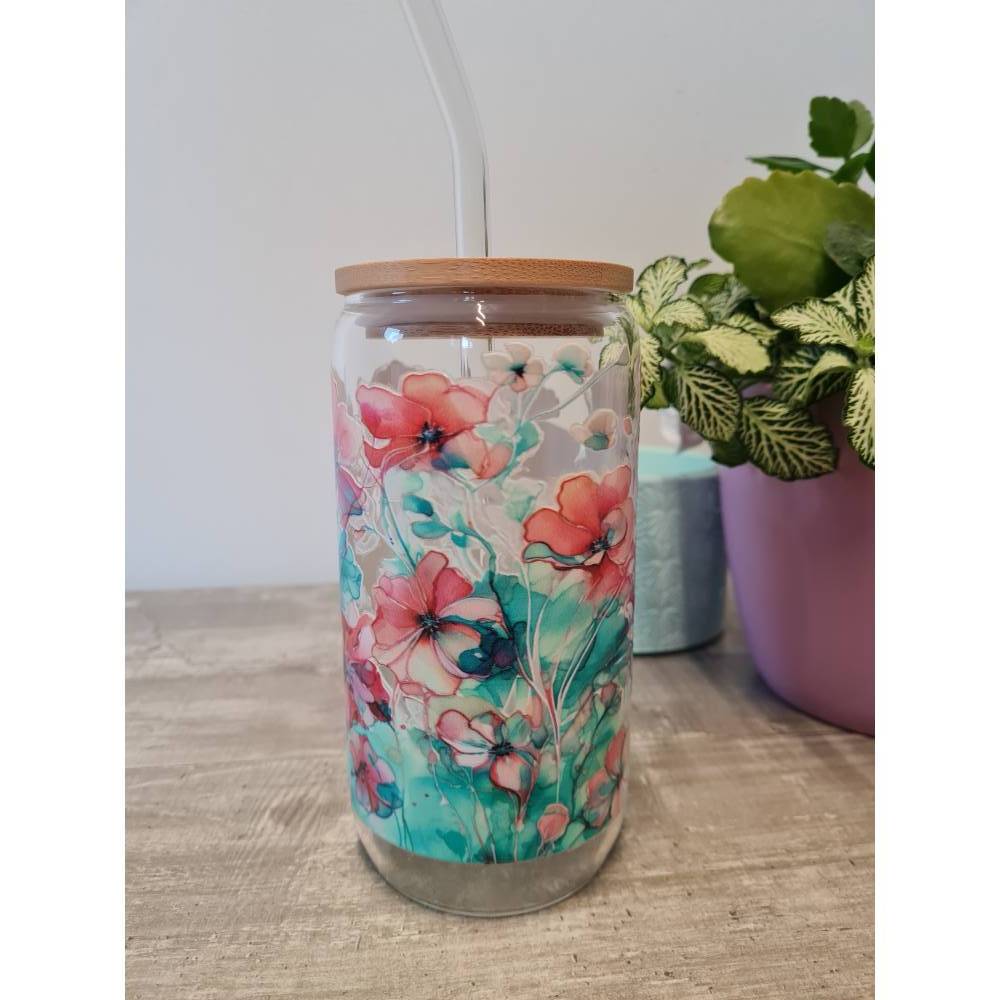 Trinkglas mit Bambusdeckel und Glasstrohhalm Mohnblume 470 ml