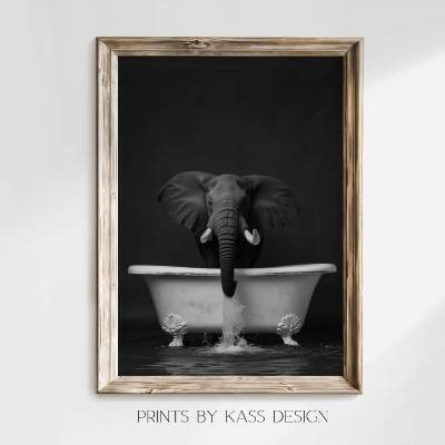Illustration kleiner Elefant in der Badewanne, digitaler Kunstdruck