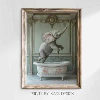 Illustration happy Elefant in der Badewanne, digitaler Kunstdruck