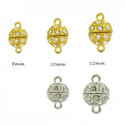  1 Magnetverschluss mit Strass, rund, vergoldet/versilbert,  8/10/12mm