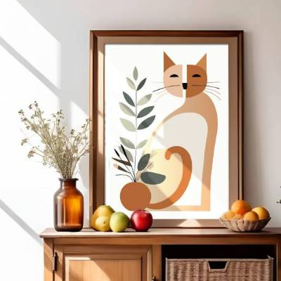 Stillleben mit Katze | modern, minimalistisch | Boho Retro Bild | Druckbarer Digitaler Download | Poster selber drucken