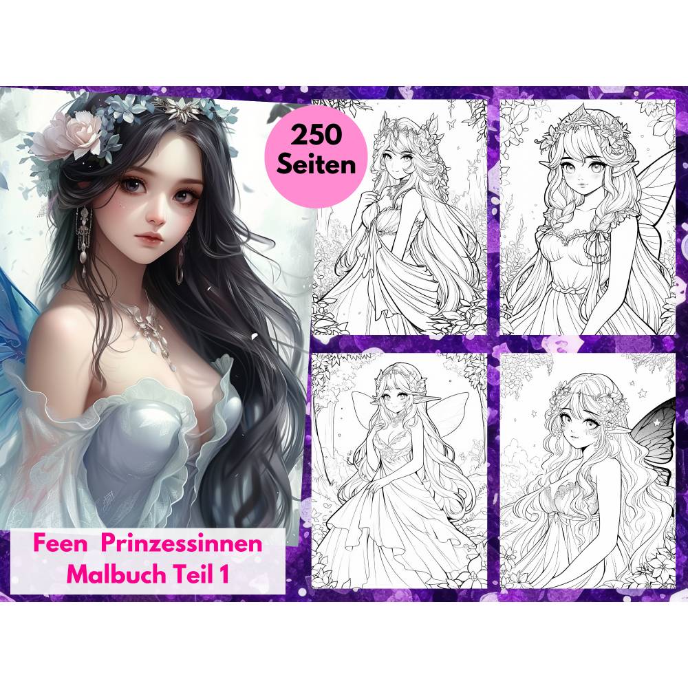 Feen Prinzessinnen Malbuch 1 mit 250 Seiten zum ausdrucken PDF Bild 1