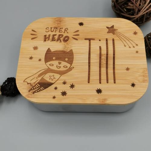 Brotdose für Kinder personalisiert – Edelstahl Lunchbox mit Holzdeckel und Gravur, Geschenk für Geburtstag & Schule