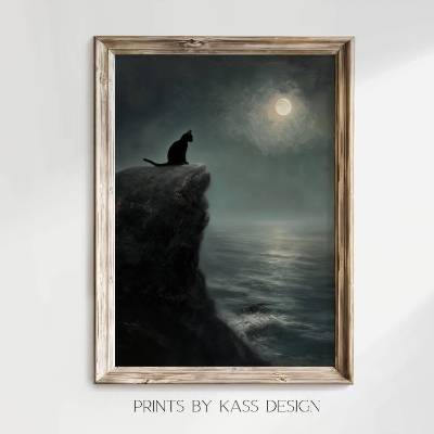 Illustration schwarze Katze im Mondlicht am Meer, digitaler Kunstdruck