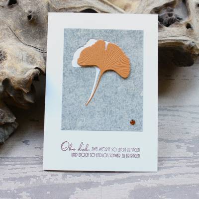 Trauerkarte, Beileidskarte mit Ginko-Motiv, grau-weiß-bronze
