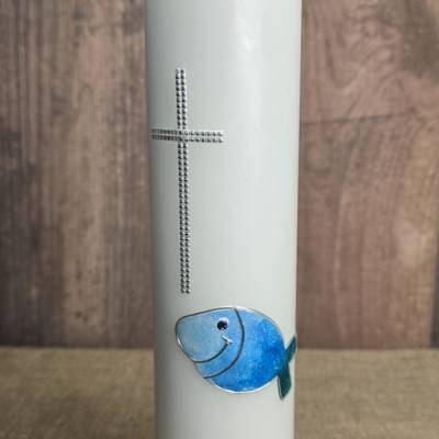 Taufkerze  - "Fisch" glitzernd mit Silberner Schrift und Verzierung - Personalisierbar - (T73)