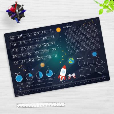 Schreibtischunterlage für Kinder Weltraum – abc und einmaleins  – 60 x 40 cm – aus hochwertigem Vinyl – Made in Germany!