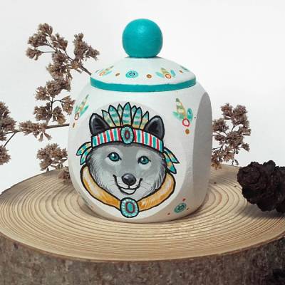 Milchzahndose Zahndose bemalt mit Indianer-Wolf, Schatzdose handbemalt mit Wunschtext