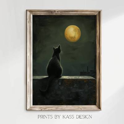 Illustration schwarze Katze und der Mond, digitaler Kunstdruck